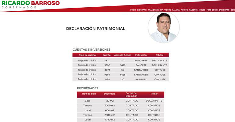 Escueta declaración patrimonial presenta Ricardo Barroso Agramont