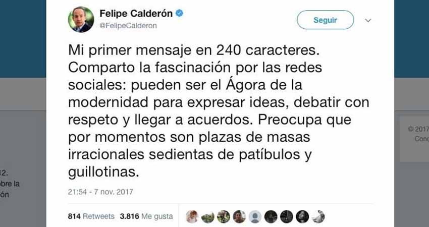Calderón tuiteó la 'fascinación' de los '240 caracteres'... ¡y son 280!