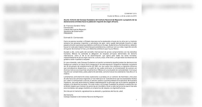 Consejo del INM hace un llamado a Garduño para conducirse con respeto a migrantes