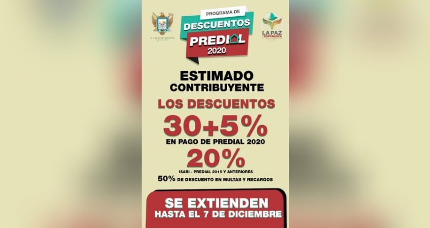 Extienden descuento de 30+5% en pago de predial del Ayuntamiento de La Paz