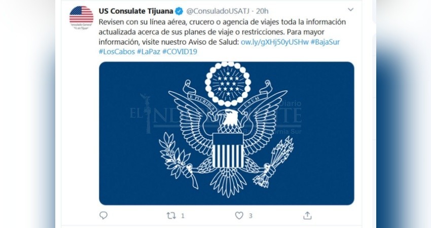 COVID-19: Pide USA a sus ciudadanos en BCS regresar a su país de origen