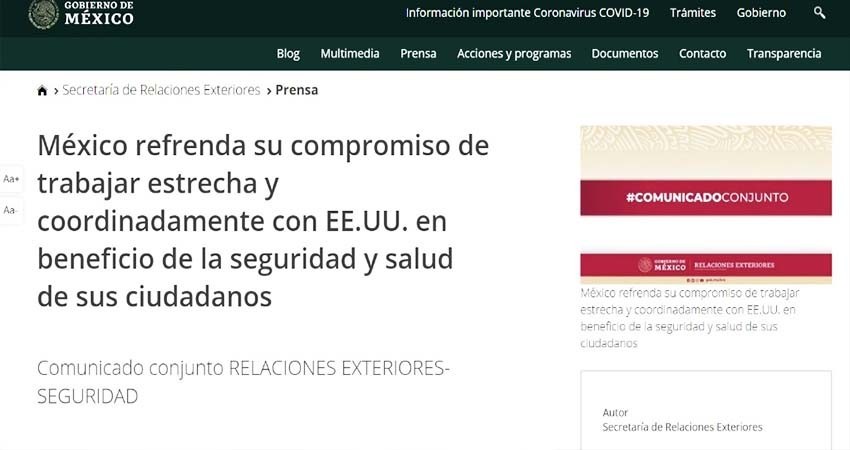 Reiterá México compromiso de trabajo con EU en beneficio de la seguridad