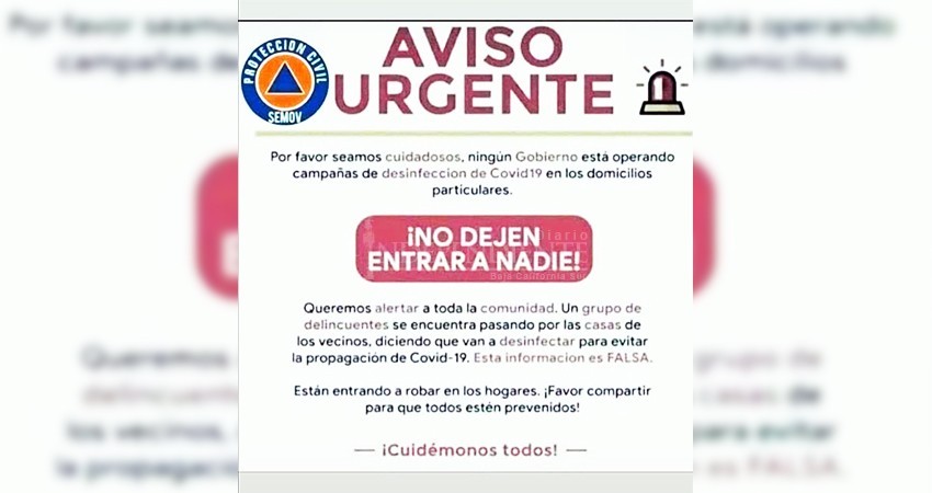 Alerta a vecinos falsa fumigación “anti-Covid” en Los Cabos