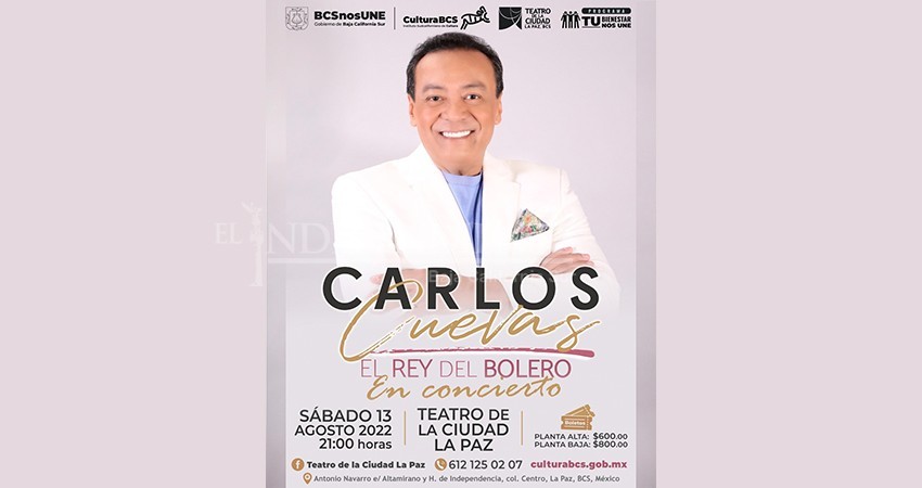 Este sábado 13 de agosto, concierto de Carlos Cuevas, en La Paz