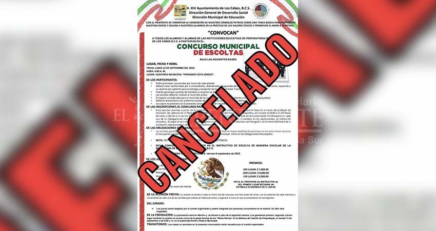 Anuncia el Gobierno de Los Cabos la cancelación de eventos del mes patrio programados para este viernes 9 y lunes 12 de septiembre