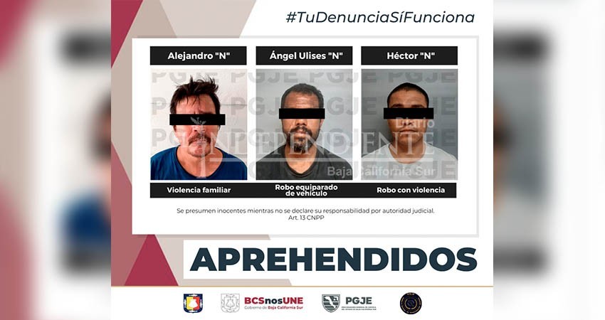 Fueron asegurados tres probables responsables de delitos en La Paz y Mulegé