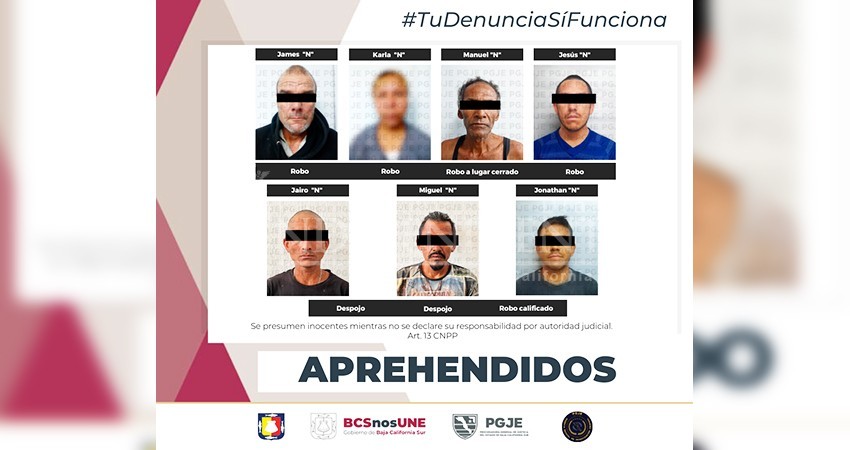 Fueron aprehendidas 7 personas en municipios de La Paz, Los Cabos y Mulegé