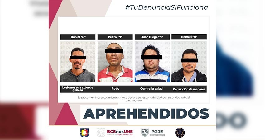 Son aprehendidas cuatro personas por diversos delitos en La Paz y Los Cabos