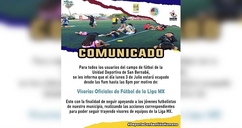 Permanecerá cerrada la cancha de futbol el próximo lunes 03 de julio