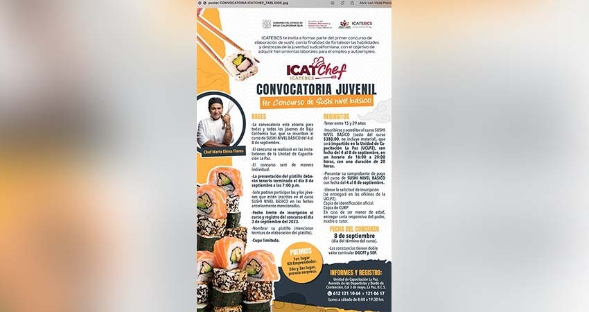 Lanza ICATEBCS convocatoria de concurso de elaboración de sushi básico