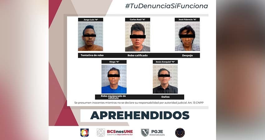 Son aprehendidas cinco personas en La Paz y Los Cabos por diversos delitos