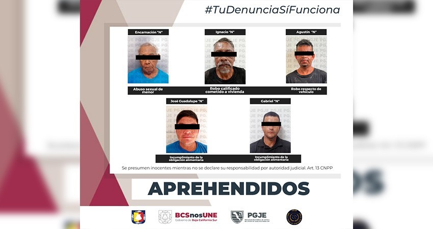 Fueron aprehendidas 5 personas por diversos delitos en BCS
