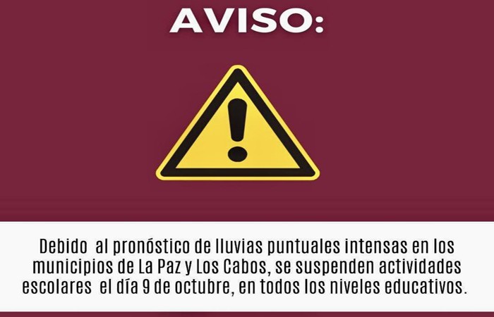 Suspenden clases para La Paz y Los Cabos este lunes, en ambos turnos