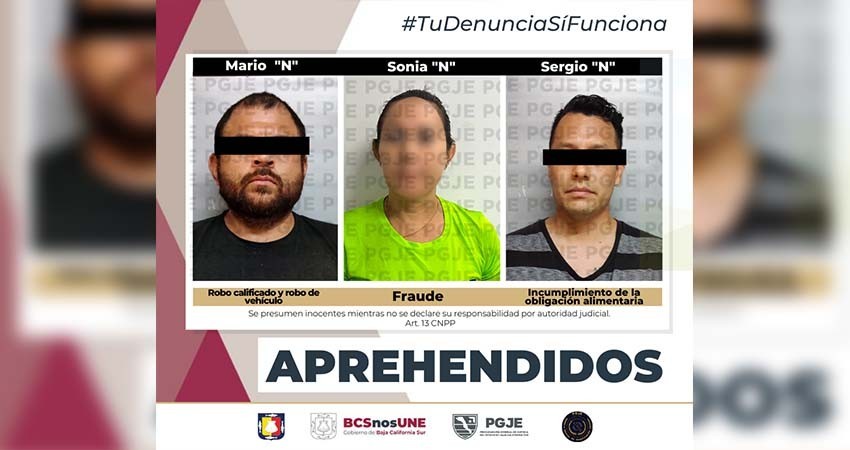 Fueron aprehendidas tres personas por diversos delitos en BCS