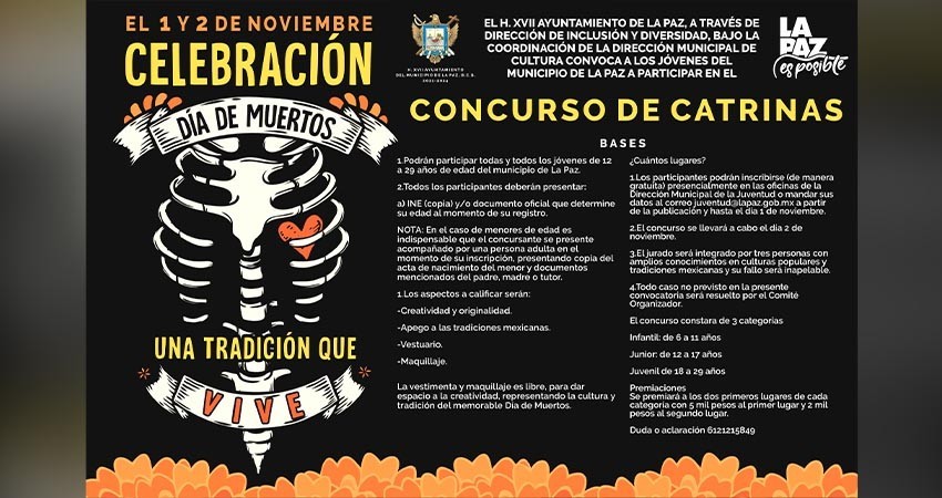 Invita Ayuntamiento de La Paz al Concurso Juvenil de Catrinas de “Día de Muertos”