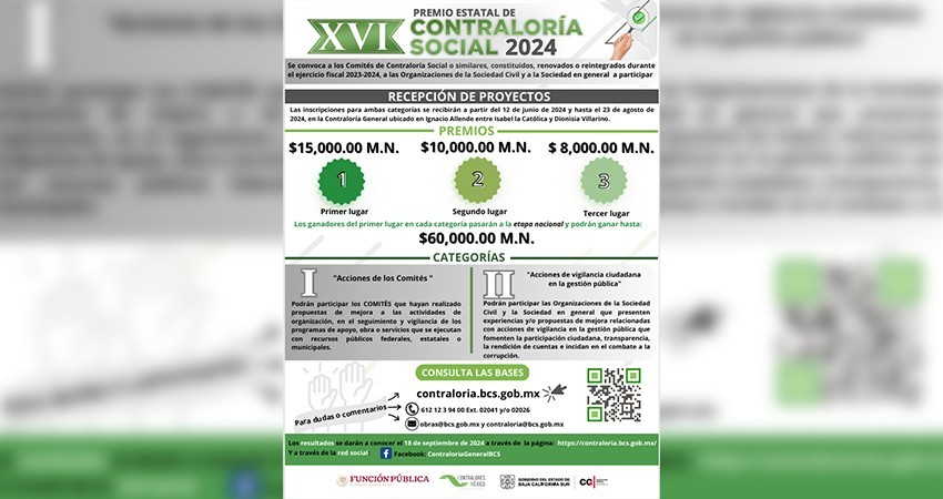 23 de agosto, último día para participar en el XVI Premio De Contraloría Social 2024
