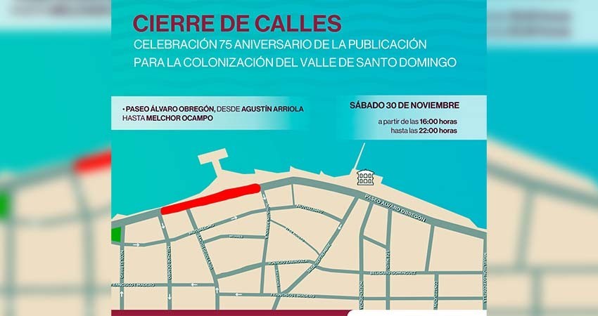 Cerrarán de manera parcial una parte del malecón por el “75 Aniversario de la Publicación para la Colonización del Valle de Santo Domingo”