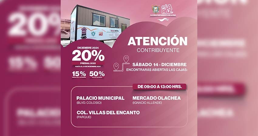 Invitan a la población de La Paz a pagar el predial en las cajas móviles