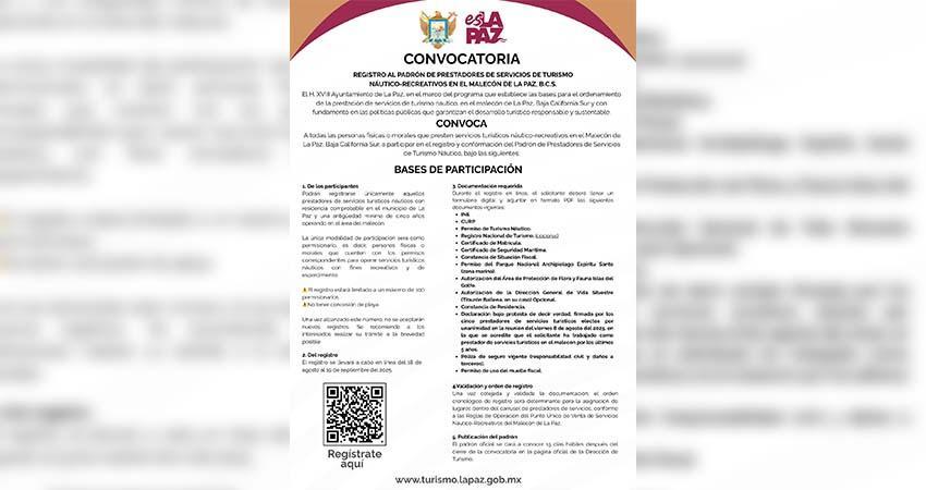 Ayuntamiento de La Paz abre registro para el Padrón de Prestadores de Servicios Náutico-Recreativos del malecón