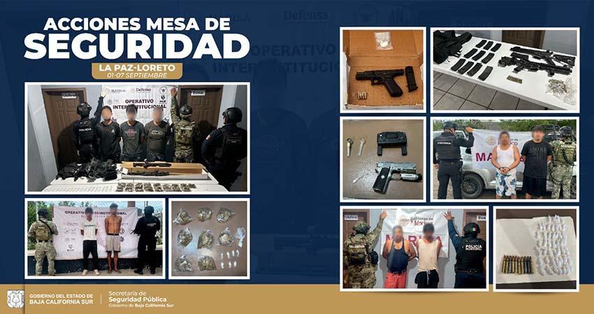 Detienen a 12 personas y aseguran armas y narcóticos en La Paz y Loreto