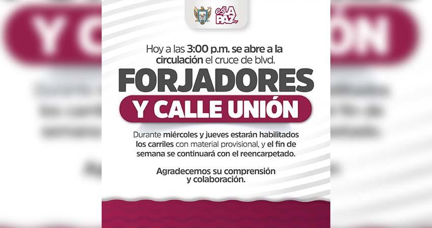 Ayuntamiento de La Paz restablece la circulación en el bulevar Forjadores y calle Unión