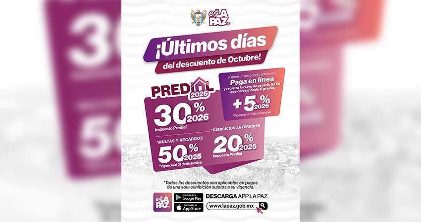 Anuncia Ayuntamiento de La Paz últimos días con 30% de descuento en Predial 2026