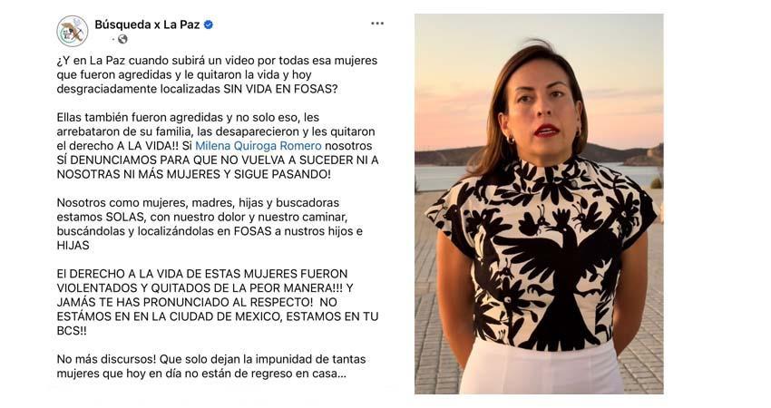 “Búsqueda X La Paz” reclama a Milena Quiroga su silencio ante la violencia contra mujeres en BCS