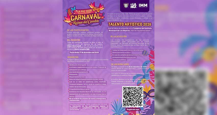 Continúa abierta convocatoria del IMM para el templete del Carnaval La Paz 2026