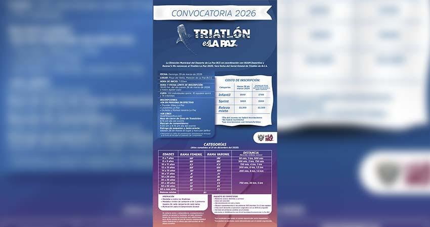 Invita Dirección Municipal del Deporte a participar en el Triatlón Es La Paz