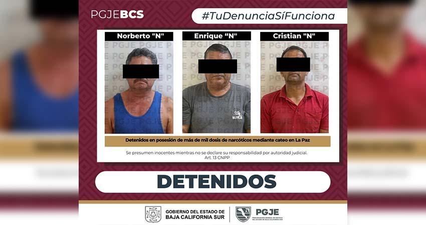 Ejecuta PGJE cateo en La Paz; asegura droga lista para su distribución y detiene a tres personas
