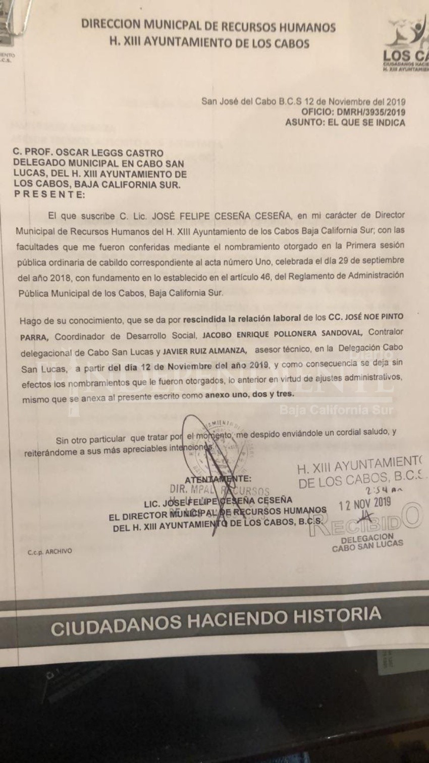 Sin motivo, Ayto Los Cabos despide a personal de confianza de Oscar Leggs