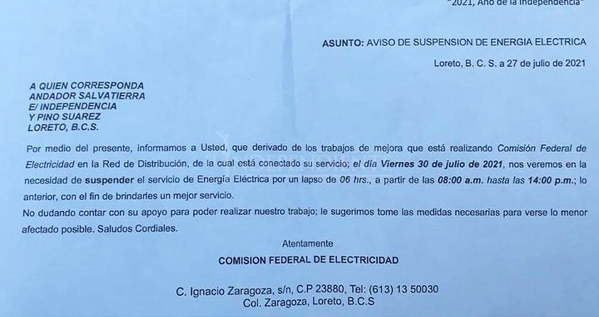 Seguirán cortes de luz en Loreto, avisa CFE